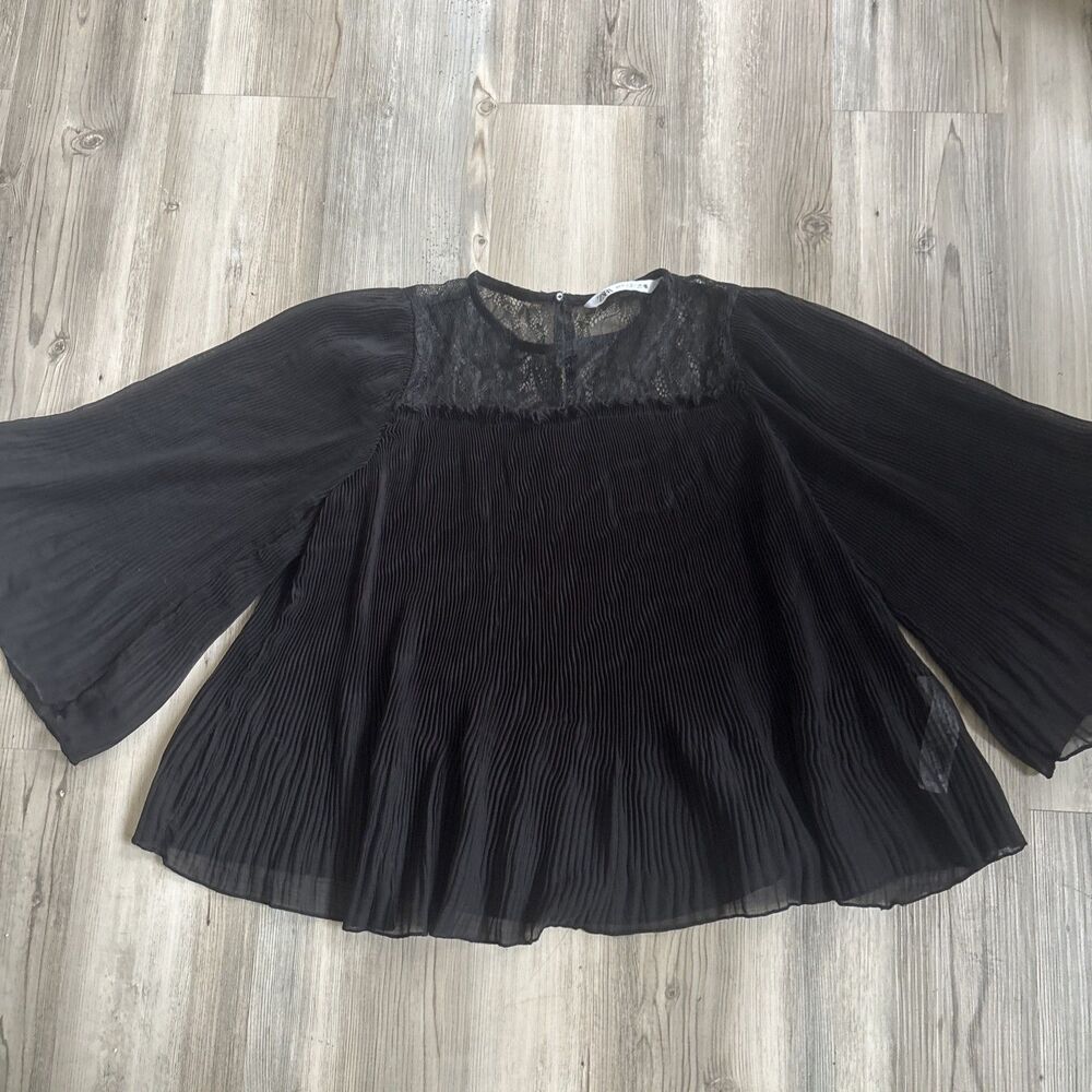 ZARA Woman Black Whimsigoth PLEATED BLOUSE Lace Long Sleeve Made In India Small